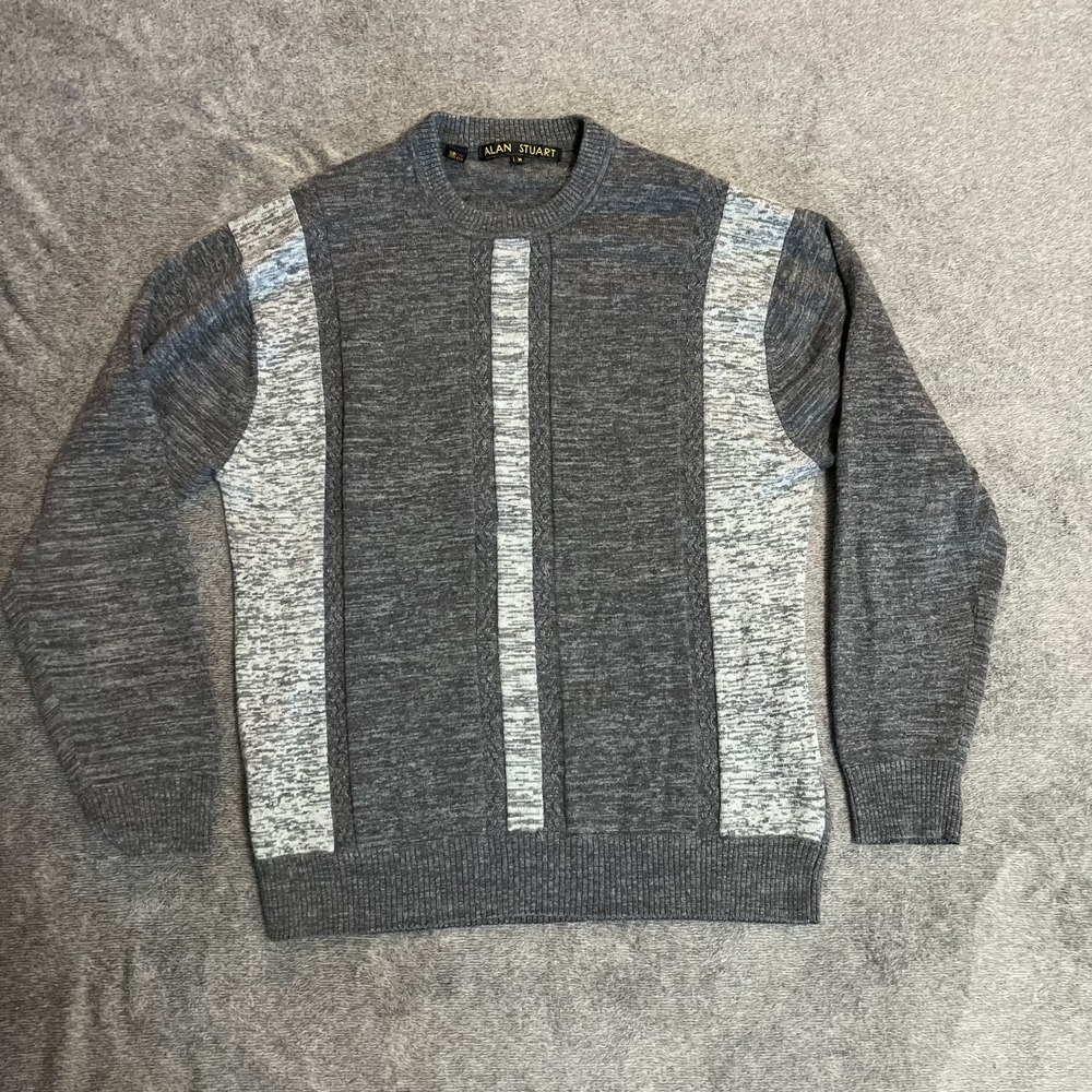 Vintage Alan Stuart Sweater Mens Medium Gray Heathered  Cable Knit Crewneck 90s